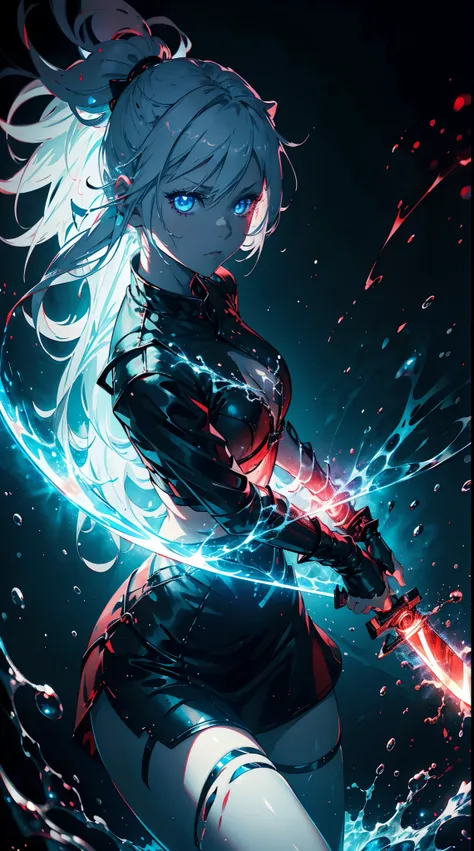 Gril, loli,white hair, blue eyes,Holding a knife, red liquid and red blood, living room background.HD lighting and dark )(epic image quality) dark atmosphere with bright particle light(many effects in background)