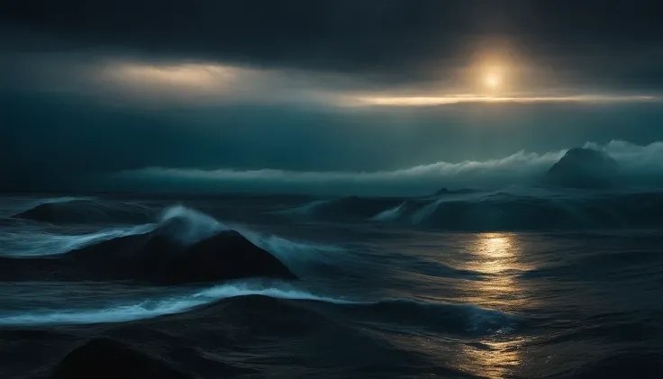 The earth was formless and empty, and darkness covered the deep waters, Generate an image that portrays the Earth as a featureless, dark sphere, shrouded in a mysterious deep ocean.