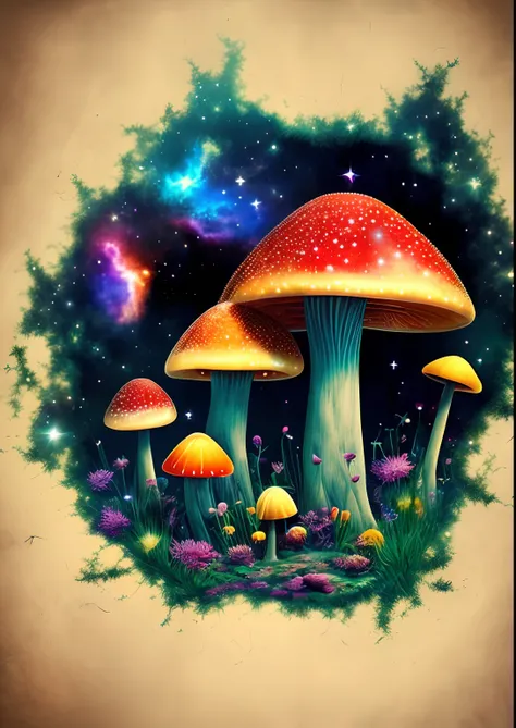 dreamlikeart, galaxy, outer space, nebula, star, [cyberpunked] Mushrooms of the stars. (star:1.5),