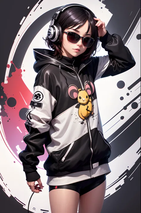 Perfect centering, Cute mouse, Wear a student team jacket, Wearing sunglasses, Wearing headphones, cheerfulness, Standing position, Abstract beauty, Centered, Looking at the camera, Facing the camera, Approaching perfection, Dynamic, Highly detailed, Smoot...