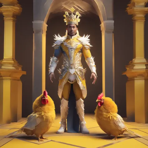 body builder、Man with chicken head、hali々The majestic head dressed in the costume of the king of Malaysia is、Create a captivating photo op featuring a chicken man, Decorated with luxurious yellow garments, Wear a magnificent tanjak as a traditional headpiec...