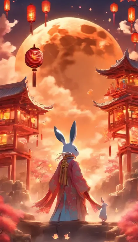 Mid-Autumn Festival, a lovely fairydressed in ancient Chinese clothes, and arabbit playing beside the girl, moon cakesauspicious clouds, behind a huge moon, warmcolors, abstract pictures, surrealism, Pixarstyle, 3D effects, Disney style, clear outlinelight...