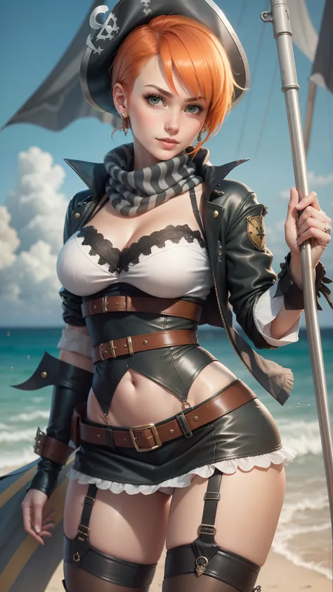 gwen tennyson,tracer,yorha 2b,rebecca chambers,nico robin,atelier ryza,pirate outfit,beach,teenager,green eyes,thigh high boots,garter belt,shy smile,striped panties,short hair,orange hair,pirate ship,white striped top,tight gothic mini skirt,wet body,frec...