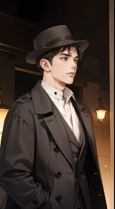 masterpiece, best quality, realistic, 1man, mature male, quiet and charming young man, 25 years old, close his eyes, serious look, extremely detailed face, ((dark grey eyes)), ((short-right-swept dark brown hair)), [thick eyebrows], detective, ((Dressed in...