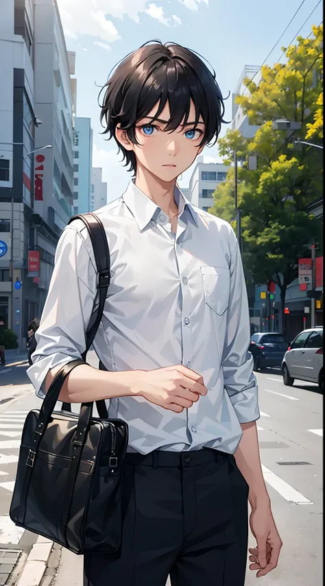 1 boy 19 years old, black hair, blue eyes, wearing white school shirt, wearing black khaki pants, carrying a black student backpack on your shoulder, has buttons, neat clothes, tuck in shirt, upper body, eyes look to the left, surprised face, surprised eye...