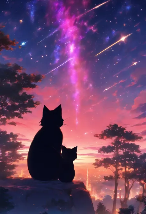 （reddish、Pink），octans, 天空, stele(天空), landscapes, starrysky, natta,（ 1girl in,One Cat、Snuggle up：1.5），（Snuggle up：1.3），catss，nigh sky, 独奏, plein air, built, 云, shooting stars，sitting on, The tree, length hair, 城市, silhuette, Cityscape，from behind