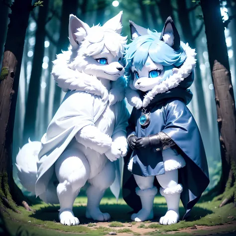 Anthropomorphic standing furry little wolf，adolable, Light：Extreme light and shadow,(anthr(Full Body Furry,Head bust close-up， Pale blue hair,Large pale blue ears，Big blue eyes，The mouth is slightly large，White fur，Reddish skin ，Sky blue eyes, Pale blue ha...