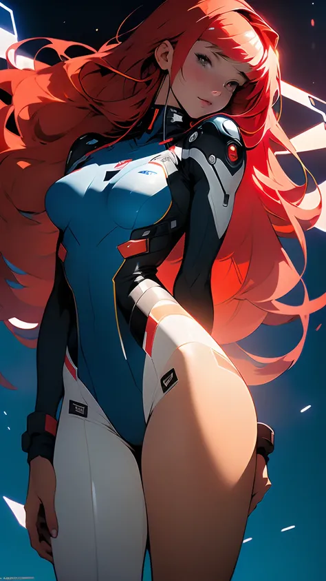 ((Best quality)), ((masterpiece)), (detailed: 1.4), (Absurd), Caucasian female fighter pilot ready for war, muscular body defined, half-thick bare thighs, mouth closed, only in panties, muscular body covered in technological clothing, Neon Genesis Evangeli...