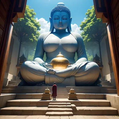 Super giant Buddha statue，Super Giant Buddha，Mysterious world，History of the Earth，Super long staircase，huge waterfall，Buddhist holy places，myth，超A high resolution，Masterpiece，