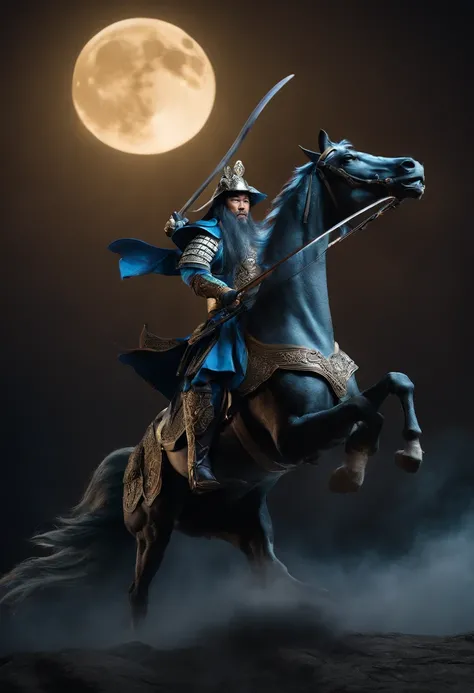 Guan Yu held the Blue Dragon Moon Saber，Riding a horse。majestic-looking。 three sided view, Sony FE, hyper HD, A high resolution, 8K