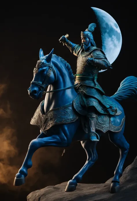 Guan Yu held the Blue Dragon Moon Saber，Riding a horse。majestic-looking。 three sided view, Sony FE, hyper HD, A high resolution, 8K