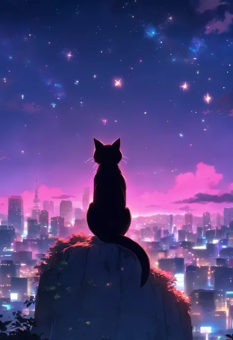 （reddish、Pink），octans, 天空, stele(天空), landscapes, starrysky, natta,（ 1girl in,One Cat、Snuggle up：1.5），（Snuggle up：1.3），Cats，nigh sky, 独奏, plein air, built, 云, shooting stars，sitting on, The tree, length hair, 城市, silhuette, Cityscape，from behind