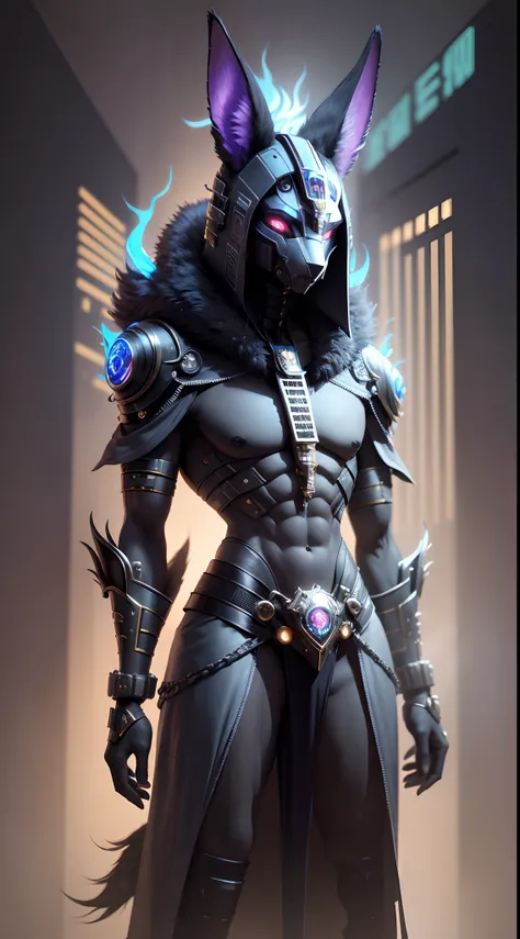 In a futuristic afro-cyberpunk  cinematic  style, Anubis, the god overseeing mummification and the afterlife, possesses the distinct head of a black jackal. This can be seen either as a full jackal form or as a man-jackal hybrid. Anubis is a common figure ...