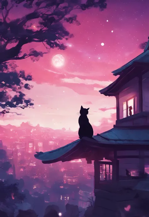 （reddish、Pink），octans, 天空, stele(天空), landscapes, starrysky, natta,（ 1girl in,One Cat、Snuggle up：1.5），（Snuggle up：1.3），Cats，nigh sky, 独奏, plein air, built, 云, shooting stars，sitting on, The tree, length hair, 城市, silhuette, Cityscape，from behind