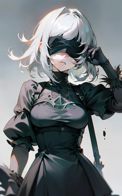 masterpiece, best quality, solo, (yorha no. 2 type b:1.14), (covered eyes:1.05), (portrait:1.1), (upper body:1.1), medium breasts, expressionless, 1girl, solo, (ruffling hair, messy hair:1.1), white hair, makima (chainsaw man), best quality, ultra detailed...