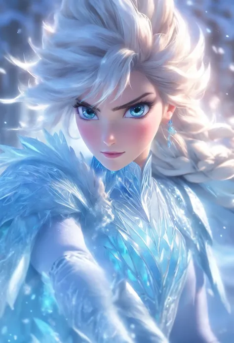 A girl in a frozen kingdom,ice castle,snow covered landscape,glittering snowflakes,icy breath,frost-covered trees,sparkling ice sculptures,winter wonderland,crystalline armor,glowing blue eyes,flowing white hair,majestic crown,holding a glowing staff,ridin...