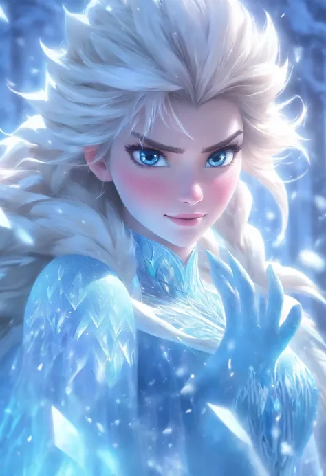 A girl in a frozen kingdom,ice castle,snow covered landscape,glittering snowflakes,icy breath,frost-covered trees,sparkling ice sculptures,winter wonderland,crystalline armor,glowing blue eyes,flowing white hair,majestic crown,holding a glowing staff,ridin...