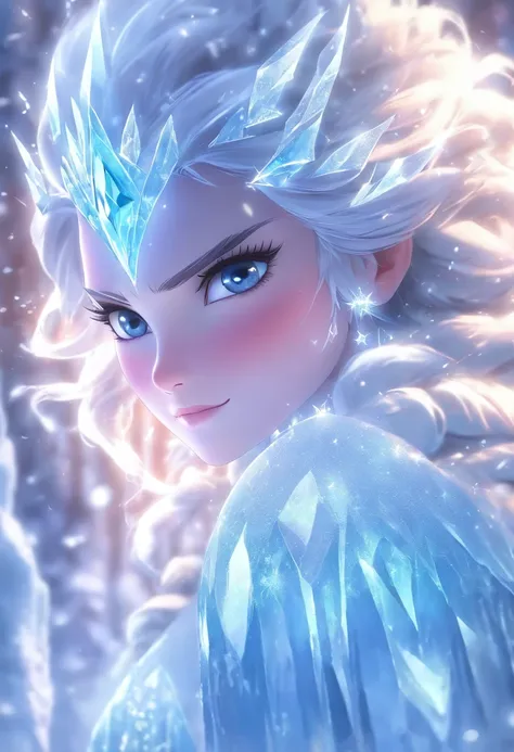 A girl in a frozen kingdom,ice castle,snow covered landscape,glittering snowflakes,icy breath,frost-covered trees,sparkling ice sculptures,winter wonderland,crystalline armor,glowing blue eyes,flowing white hair,majestic crown,holding a glowing staff,ridin...