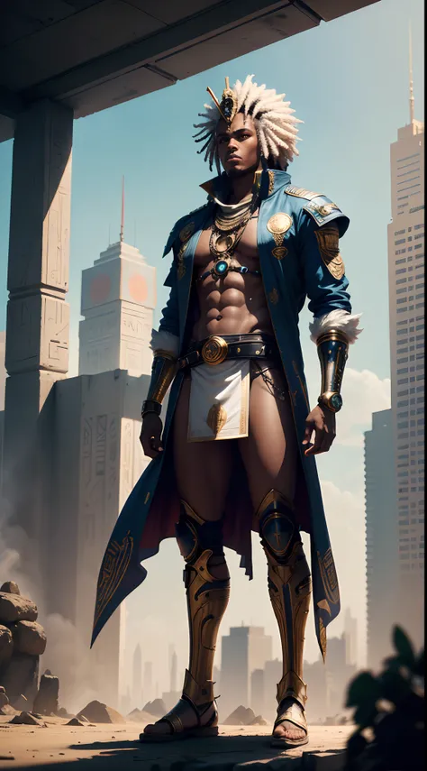 In a futuristic afro-cyberpunk cinematic style, The falcon god, Horus, stands as a symbol of the sky and kingship. Artists often capture him as either a full falcon or a man bearing the head of a falcon. His crown, a fusion of the white and red crowns, sym...