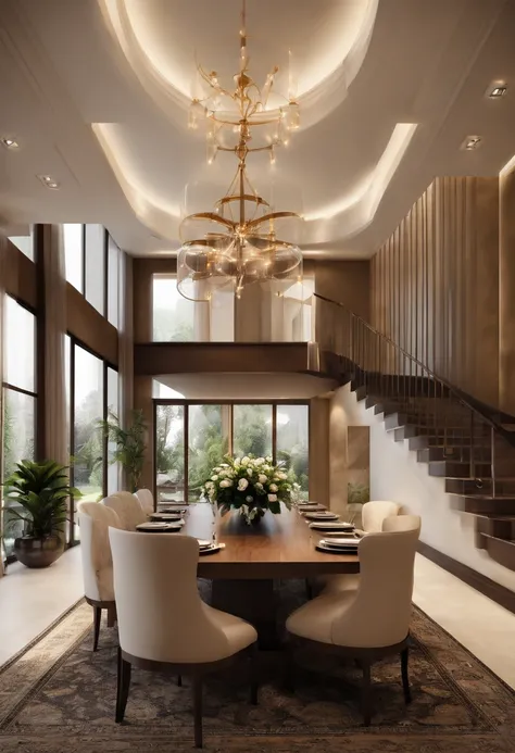 there is a dining table and benches in a room with a staircase, 3 d rendering, very realistic 3 d render, render vray, house interior,
keem interior layout as it is. make a interior design for this stair room. elegant stair room space with dinning room. Fo...