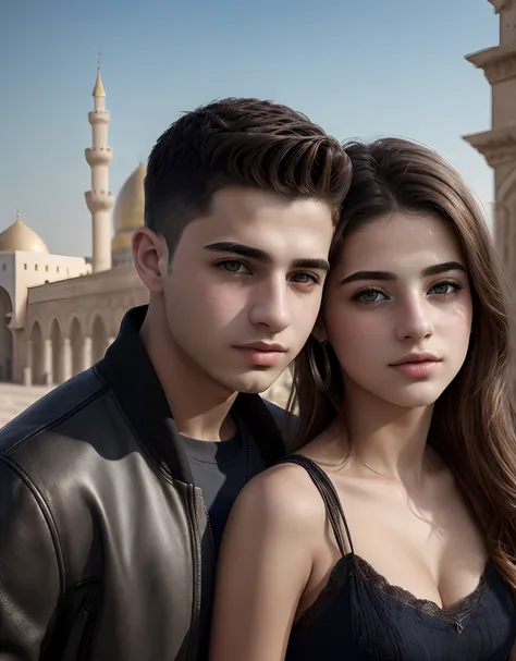 (Masterpiece,best quality,high quality,ultra-realistic, Extremely detailed:1.2)1 couple,vibrant colors,female and male teenagers, the male is European. The female is arab,sunny day, sharp focus