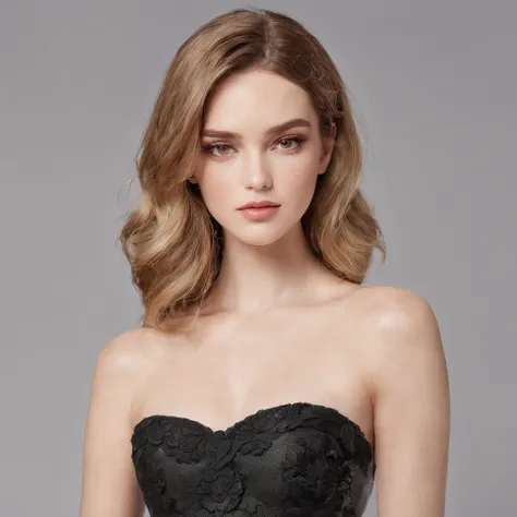 Beautiful woman in her early twenties, strapless sweetheart neckline