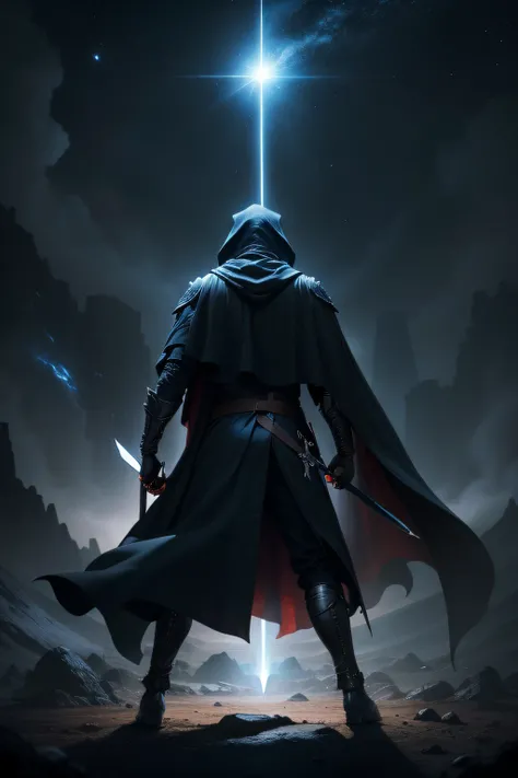 A man in a black cloak with his back against the background of planets, holding a sword, attack position.