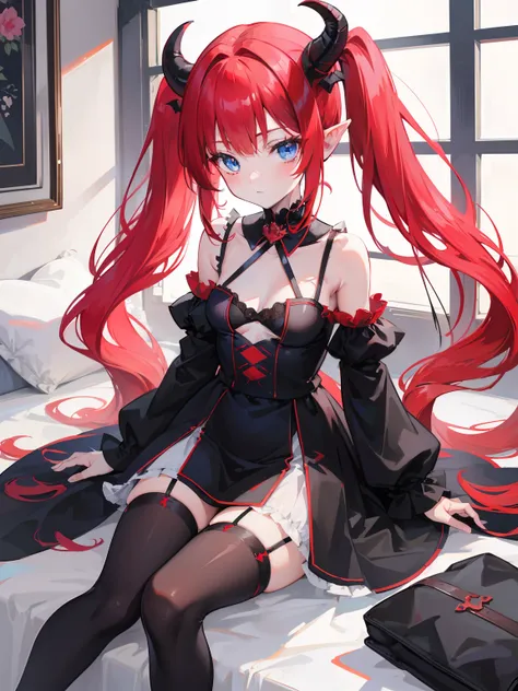 Red hair,Blue eyes,Twintails, Long hair, Solo, Loli, Black stockings,{{Best quality}}, {{Masterpiece}}, {{Ultra-detailed}}, {illustration}, {Detailed light}, {An extremely delicate and beautiful},Little girl,Cute,Succubus, demon,Horns