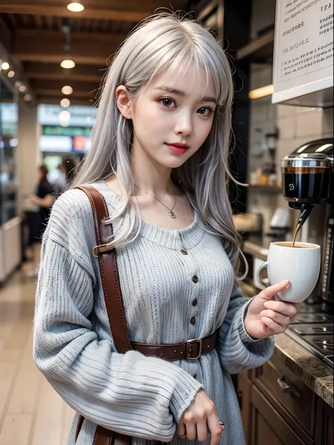 Woman with silver hair having coffee