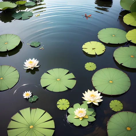 Summer pond，Lotus leaves flutter，The surface of the lake ripples。Fish frolic freely in the water，Dragonflies fly lightly among the lotus leaves。Cicadas chirp，Reflecting the blue sky and white clouds，Its refreshing。