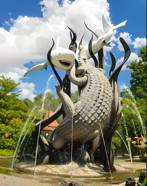 status of a shark and a crocodile with huge dark green grass comes out from the ground and with fountains