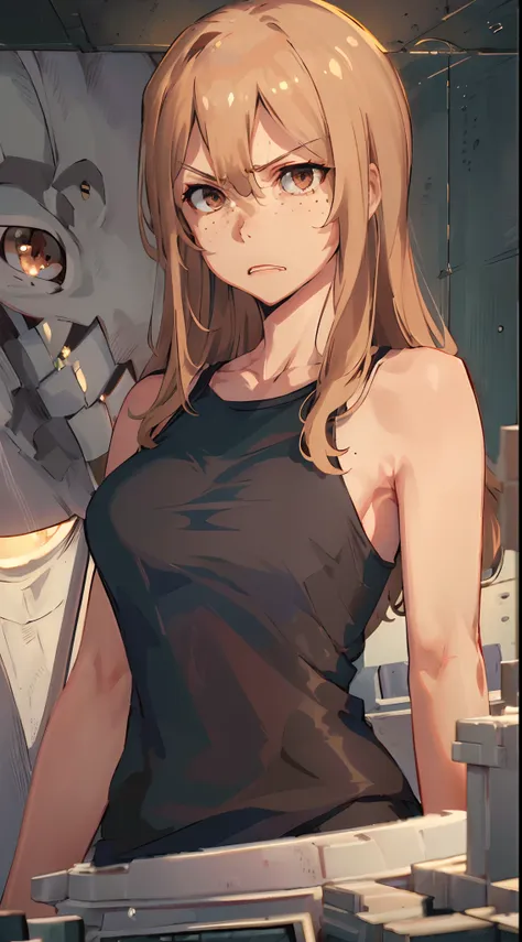 (best quality, highres, masterpiece:1.2), aoki1, brown eyes, freckles, standing, healthy skin, detailed lips, detailed eyes, long eyelashes, expressive face, confident gaze, medium breasts, upper body, tank top, ((disdain, disgust)), soft lighting, vibrant...