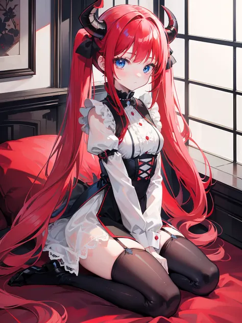 Red hair,Blue eyes,Twintails, Long hair, Solo, Loli, Black stockings,{{Best quality}}, {{Masterpiece}}, {{Ultra-detailed}}, {illustration}, {Detailed light}, {An extremely delicate and beautiful},Little girl,Cute,Succubus, demon,Horns