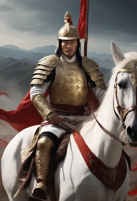 General Zhao Yunyang in white robe, white helmet, White armor, White horse, spear, Hilly area, 100,000 enemy troops surrounded from a distance, Blood stains, Wolf smoke, Golden Iron Horse