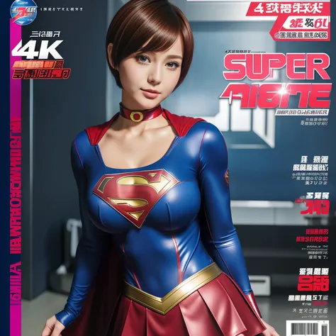 (Best Quality,4K,8K,hight resolution,masutepiece:1.2),Ultra-detailed,Realistic:1.37,Super masterpiece,Short-haired Supergirl、large full breasts、Looking at the camera、Glossy costume、a choker、Too short miniskirt、Magazine covers、Sports Magazines