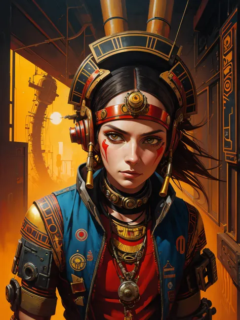 In the style of cyberpunk futurism, Inca influence, etam cru, RED and gold, michael creese, steelpunk, michael hussar, Inca wall backgrond