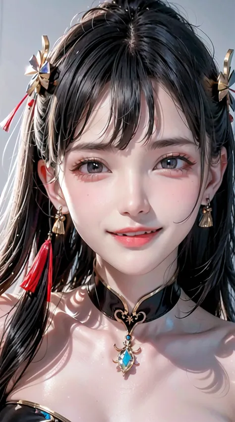 Chinese woman, facial closeups, A towering female figure made of ribbons, Smoke, In the sky, Colorful and bright, mystical colors, Modern Impressionism, Portrait by Cheng Yanjun, iridescent painting, 3/4 perspective view, Cute face, Low angle, Wide swirlin...