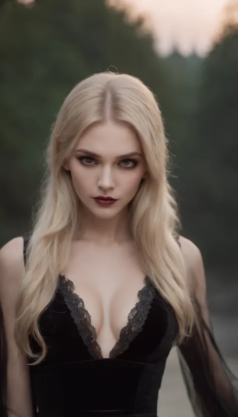 Photorealistic portrait of a vampire girl, She has long blonde hair, Girl standing at full height in the dark, She is wearing a black short dress with a plunging neckline, Black openwork stockings, black high heels, Detailed Face, dark makeup, seductive ga...