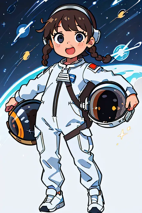 ((masterpiece, best quality)), (1 little girl), (solo), (light brown hair, short bangs, 2 twin braid), black eyes, light smile, open mouth, ((helm astronout)), ((white astronout suit)), ((white shoes)), standing, white background, arms near body, full body