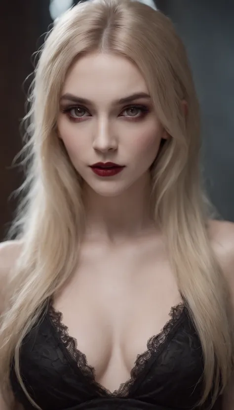 Photorealistic portrait of a vampire girl, She has long blonde hair, A  girl, standing at full height in the dark, She is wearing a black short dress with a plunging neckline, Black openwork stockings, black high heels, Detailed Face, dark makeup, seductiv...