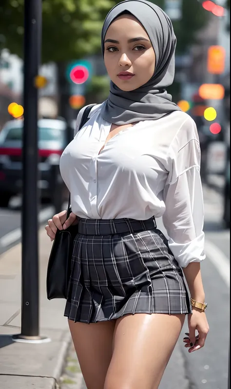 Best quality, high resolution, masterpiece: 1.3), beautiful Malay woman in hijab, big breasts, slim figure, (wet white blouse), (Self-raising gray Tartan pleated skirt: 1.3),(legs spread, thighs in focus), on the street details and facial and skin textures...