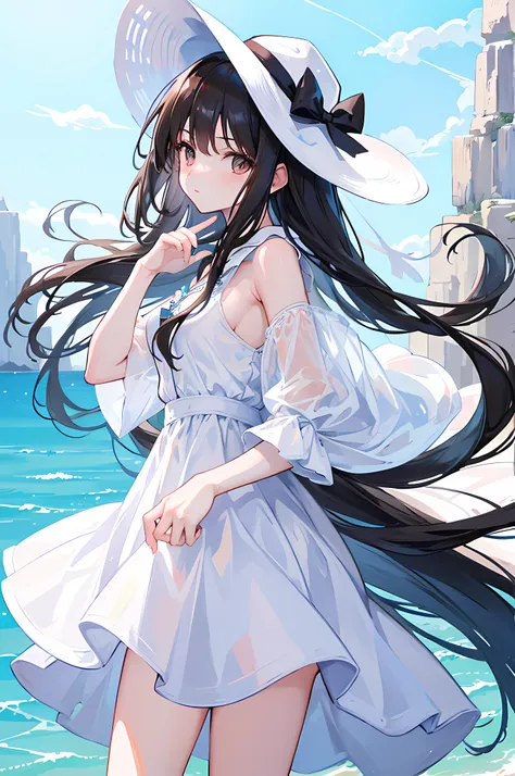 1girl, dark brown eyes, long black hair, shy, wearing white dress, wearing summer hat, sky blue nature background, absurdres, high res, ultrasharp, 8k, masterpiece, looking at viewer, cowboy shot, shining effects, hands on back