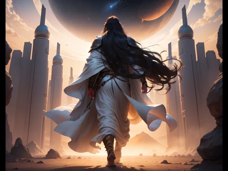 Strange Arab warrior man, long wavy dark wavy hair, wearing long robes, a strikingly beautiful face, walking towards the camera, in black inverse seedpod spaceship, lands on an alien desert planet with many oasis, every step he takes explodes in colored li...