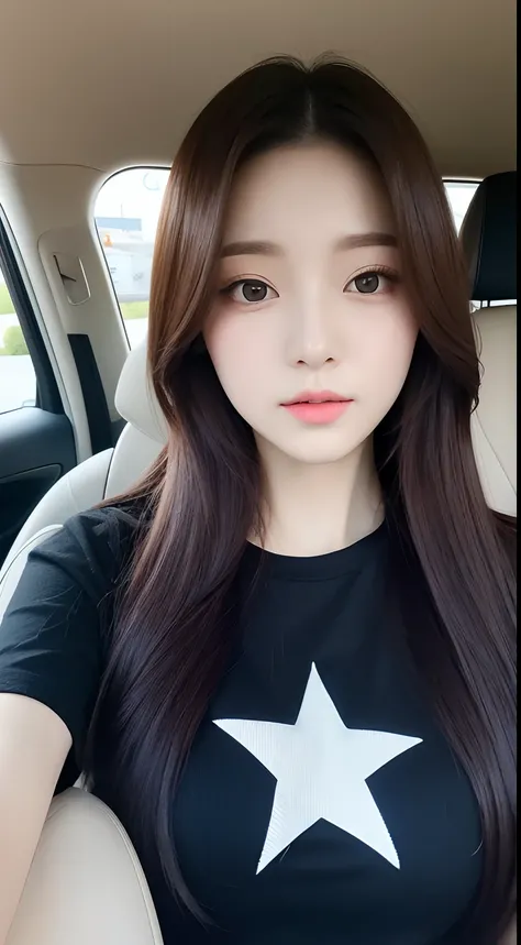 Realistic photos of (1 cute Korean star) straight hair, thin makeup, 32 inch breasts size, wearing t-shirt, in the car, selfie, close-up portrait, UHD