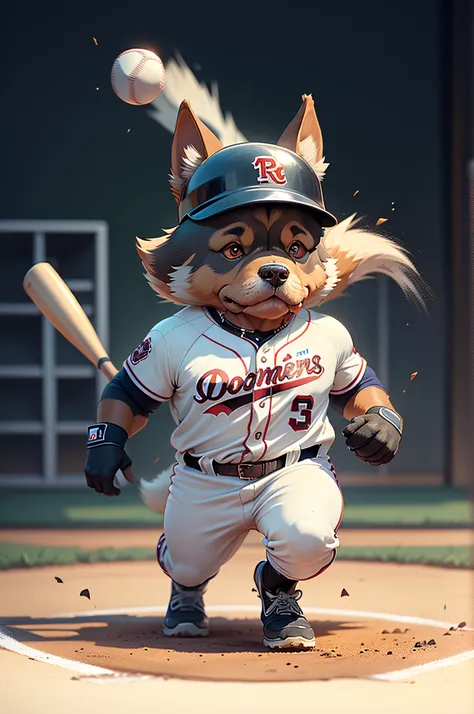 C4tt4stic, Cartoon Doberman dog of baseball player batting in baseball uniform（The specifics of the appearance of Doberman dogs）