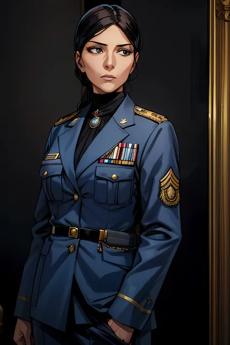 a masterpiece portrait of a 35 years old arab woman in a blue (admiral) uniform mature_female, black_hair, (brown_skin), militar...