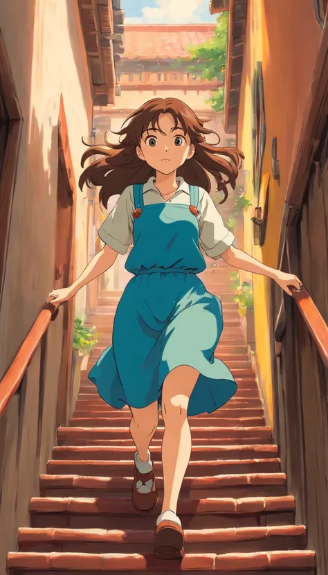 A girl with long brown hair,rushing go down to the stairs,with unironed hair,on the way to the dining area.