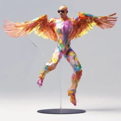 flying though the air、((From the neck down is human))、((Chicken Man with only the head))、body builder、pop music、colourfull、full body Esbian、The head is a chicken bird human、body builder、Dynamism、Powerful、Its an image that surprises everyone.、Perfect alignm...