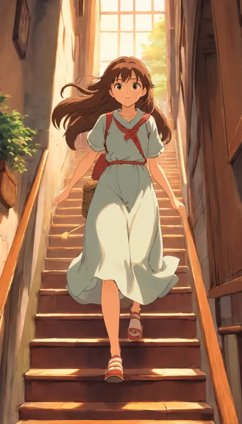 A girl with long brown hair,rushing go down to the stairs,with unironed hair,on the way to the dining area.