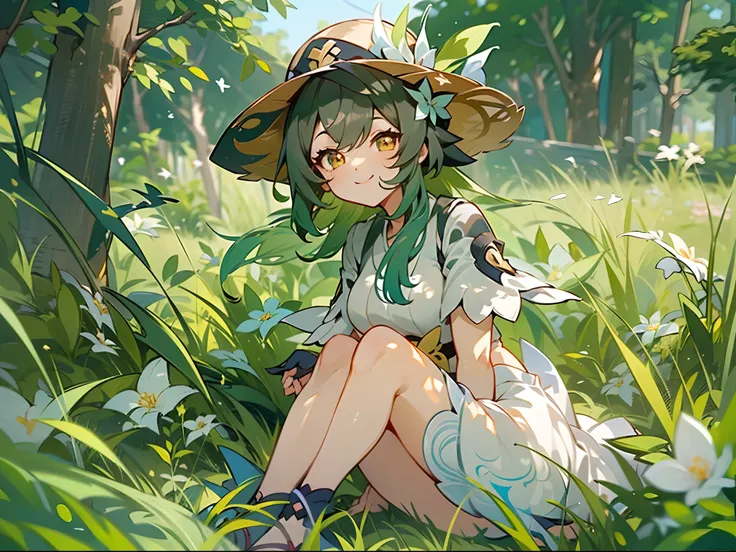 ((Best Quality, 8K, Masterpiece: 1.3)), ((Genshin Impact)), ((Kokomi)), Kokomi wearing Summer outfit, wearing a hat, smiling, sitting in grass